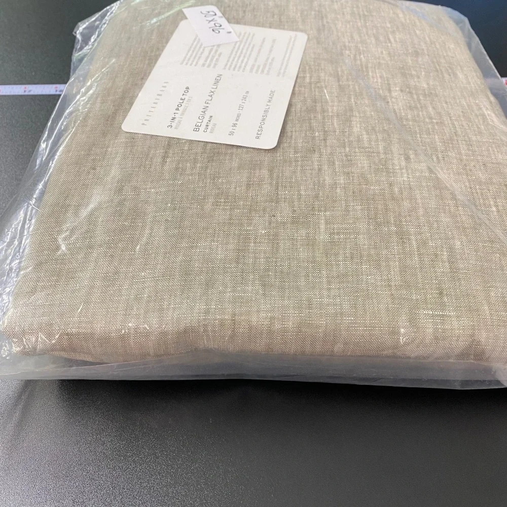 Pottery Barn Belgian Flax Linen Curtain Panel  50x96 Green Beige 3-in-1 Pole Top